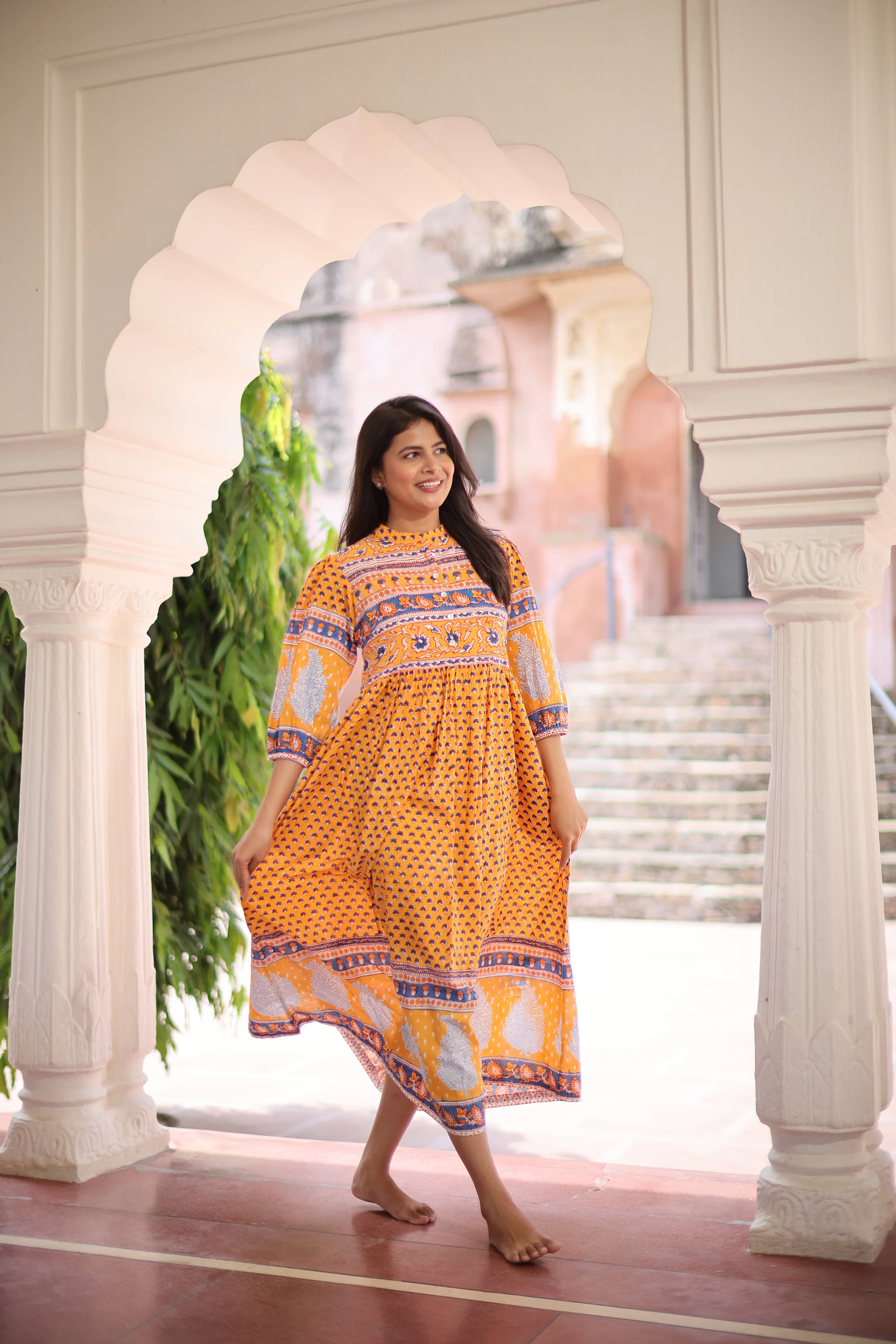 Close view of Loharia hand block printed kaftan, Soma Autumn Collection 2026